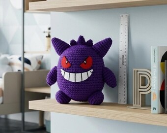 Haakpatroon voor Amigurumi Gengar (PDF), handleiding voor het haken van een Pokémon spookmonster knuffel, doe-het-zelf anime knuffelpatroon, Amerikaanse termen, gemiddeld niveau