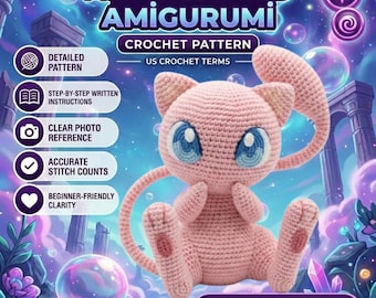 Mew Pokemon Crochet Pattern PDF, Mew Amigurumi Pattern, Cute Pink Pokemon Plush, DIY Crochet Doll, Digital Download, Crochet Gift
