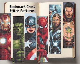 Set van 6 kruissteekpatronen voor boekenleggers met heldenmotief, direct te downloaden.