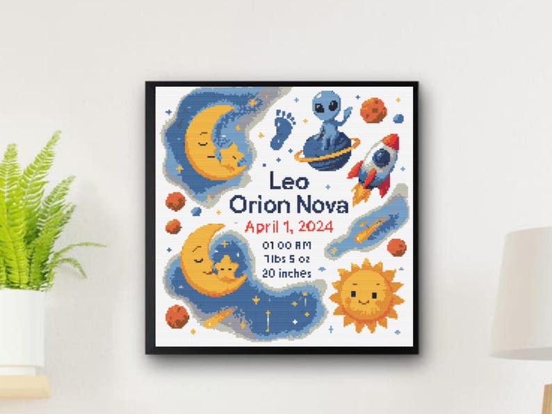 May include: Cross-stitch artwork in a black frame featuring a celestial theme. The design includes a crescent moon, stars, a rocket, an alien, and the text "Leo Orion Nova April 1, 2024". The artwork also includes the baby's birth details: 7lbs 5 oz, 20 inches.