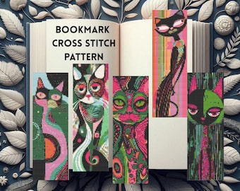 Bookmark Cross Stitch Pattern | Set of 5 Cat Bookmark Cross Stitch Patterns, instant PDF download