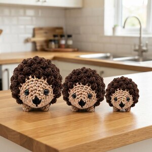 May include: Three handmade crochet hedgehogs in descending sizes, each featuring a dark brown textured back made of bobble stitches, a light tan face, black plastic eyes, and a small black stitched nose, arranged in a row on a wooden surface.
