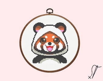Schema punto croce panda rosso / Schema punto croce panda carino kawaii, download immediato