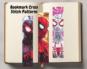 Set van 3 kruissteekpatronen voor boekenleggers met heldenmotief, direct te downloaden.