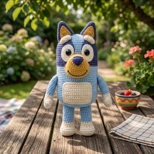 May include: A crochet stuffed animal shaped like a blue dog with large black eyes, a dark blue nose, and a tan muzzle. The figure features light blue, dark blue, and cream-colored yarn, with pointed ears and a rounded body standing upright.
