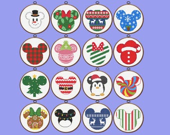 Christmas Mouse Cross Sttch Pattern, Set of 16 Christmas Ear Cross Stitch Patterns, instant PDF download
