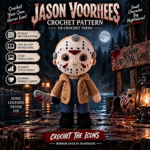 May include: A crochet pattern for a Jason Voorhees character, featuring a doll with a hockey mask, a brown jacket, blue shirt, and black boots, holding a blood-stained knife. The text includes 'Jason Voorhees Crochet Pattern' and 'Camp Crystal Lake'.