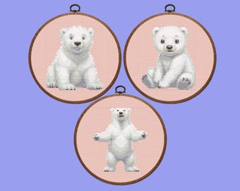 Polar Bear Cross Stitch Pattern |  Set of 3 White Bear Cross Stitch Pattern, instant download