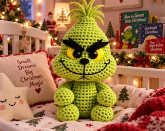 Grinch-Häkelanleitung (PDF), Weihnachtspuppe (Amigurumi), Häkelanleitung für eine Grinch-Puppe, Häkelanleitung für die Feiertage, US-amerikanische Häkelbegriffe