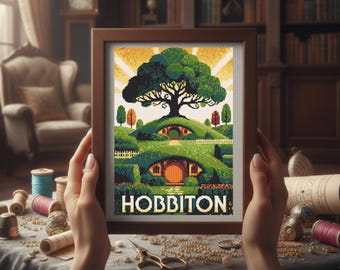 Wzór haftu krzyżykowego Hobbiton, Wzór haftu krzyżykowego Shire, Wzór haftu krzyżykowego Fantasy Earth, do pobrania natychmiast