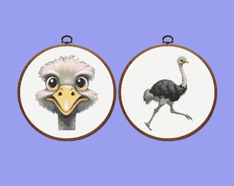 Ostrich Cross Stitch Pattern |  Set of 2 Ostrich Cross Stitch Pattern, instant download