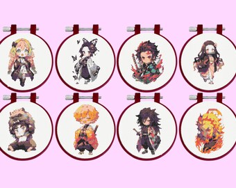 Anime Demon Hunter Kruissteekpatroon Set, 6 fantasiefiguren, Japanse anime borduurkunst, telpatroon voor kruissteek (PDF)
