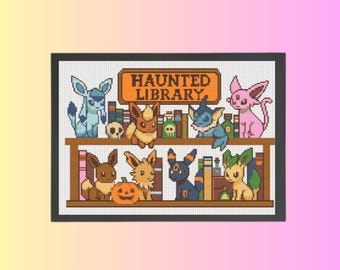 May include: A cross-stitch pattern featuring the text HAUNTED LIBRARY on a wooden sign above two shelves. The shelves hold various colorful creatures, books, a skull, a pumpkin, and potion bottles in a pixelated art style with a black frame.