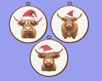 Highland Cow Cross Stitch Pattern |  Set of 3 Christmas Highland Cattle Cross Stitch Pattern, instant download
