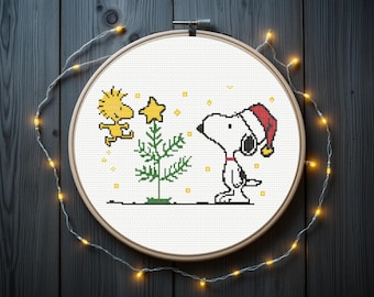 Borduurpatroon van een cartoonhond | Kerstborduurpatroon, direct te downloaden