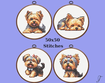 Kruissteekpatroon Yorkshire Terrier | Set van 4 schattige hondenkruissteekpatronen, direct te downloaden