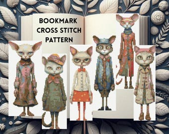 Borduurpatroon voor een boekenlegger | Set van 6 borduurpatronen voor een kattenboekenlegger, direct te downloaden