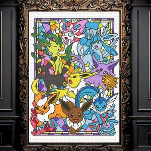 Patrón de punto de cruz de las evoluciones de Eevee, evolución de Pokémon, descarga instantánea en PDF.