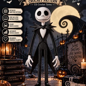 May include: A crochet pattern for a tall, slender doll with a white round head, large black eye sockets, and a stitched mouth. The doll wears a black pinstriped suit with a pointed collar. Text includes GOTHIC PUPPET CROCHET PATTERN US Crochet Terms.