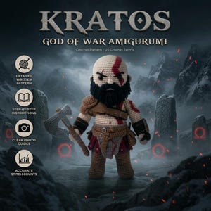 Può includere: Una bambola amigurumi all'uncinetto di Kratos di God of War, con un tatuaggio facciale rosso, barba nera e un'ascia grigia. Il testo recita KRATOS GOD OF WAR AMIGURUMI, Crochet Pattern | US Crochet Terms, Detailed Written Pattern, Step-by-Step Instructions, Clear Photo Guides, Accurate Stitch Counts.