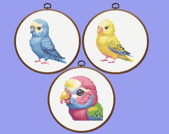 セキセイインコのクロスステッチパターン、鳥、ピクセル、（PDF