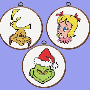 Grinch Cross Stitch Pattern, Set of 3 Christmas Cross Stitch Patterns,  instant download