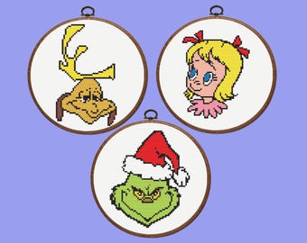 Grinch kruissteekpatroon, set van 3 kerstkruissteekpatronen, direct te downloaden