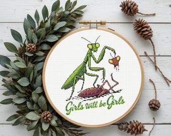 Patrón de punto de cruz "Girls Will Be Girls", Girls Power, divertido patrón de punto de cruz, mantis religiosa, descarga instantánea en PDF