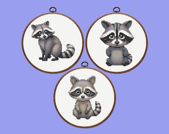 Patrón de punto de cruz de mapache / Juego de 3 patrones de punto de cruz de mapache adorables, descarga instantánea