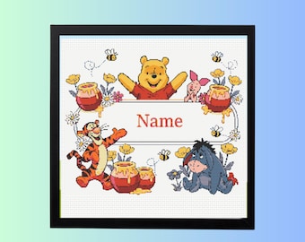 Honey Lover Bear Cross Stitch Pattern, Custom Name Sampler | DIY Easy Chart, With Free Alphabet Cross Stitch Pattern, instant  PDF