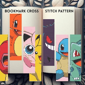 May include: Cross stitch bookmark patterns featuring cartoon characters, including a red and yellow creature, an orange dragon, a pink character with a large blue eye, and a yellow character. The bookmarks are displayed on an open book with the text "BOOKMARK CROSS STITCH PATTERN".