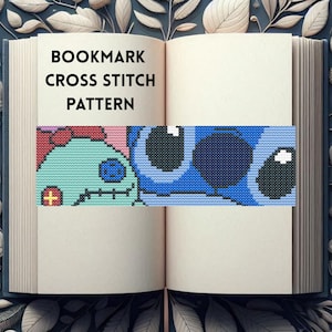 May include: A cross stitch bookmark pattern featuring Stitch and Angel from the Disney movie Lilo & Stitch. The pattern is printed on a white page with the text "BOOKMARK CROSS STITCH PATTERN" at the top.