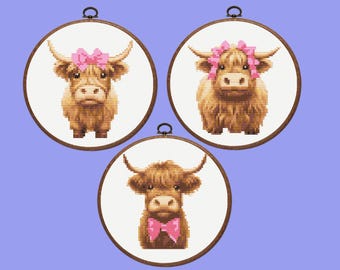 Highland Cow Cross Stitch Pattern |  Set of 3 Highland Cattle Cross Stitch Pattern, instant PDF download