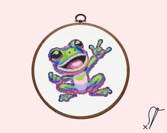 Neon Frog Cross Stitch Pattern | Cute Geen Frog Cross Stitch Pattern, instant download