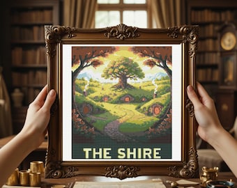 Wzór haftu krzyżykowego Shire, wzór haftu krzyżykowego Hobbiton, wzór haftu krzyżykowego Fantasy Earth, do pobrania natychmiast