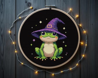 Halloween FrogCross Stitch Pattern | Cute Witch Frog Cross Stitch Pattern, instant dowload