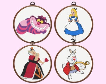 Alice im Wunderland Kreuzstichmuster, 4 Alice im Wunderland Figuren im Set, sofortiger PDF-Download