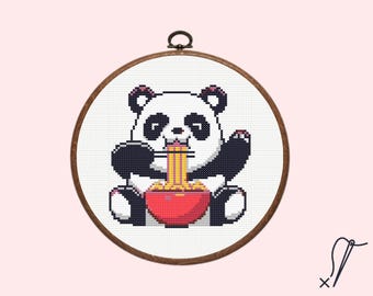 Noodle Panda Cross Stitch Pattern | Cute Panda Kawaii Cross Stitch Pattern, instant PDF download