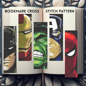 May include: Cross stitch pattern featuring five superhero bookmark designs. The bookmarks depict Batman, Iron Man, Hulk, Captain America, and Spider-Man. The text "BOOKMARK CROSS" and "STITCH PATTERN" are visible.