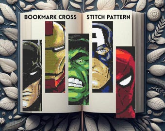 Set van 5 kruissteekpatronen voor boekenleggers met heldenmotief, direct te downloaden.