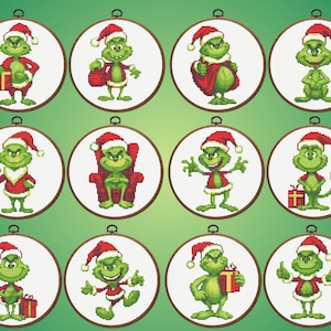 Grinch kruissteekpatroon, set van 12 Grinch kruissteekpatronen, Grinch, kerst kruissteek, direct te downloaden.