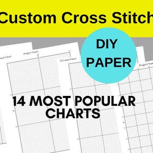 Peut inclure: Une collection de feuilles de papier blanc avec des lignes de grille noires pour les modèles de point de croix. Le texte Custom Cross Stitch, DIY PAPER et 14 MOST POPULAR CHARTS est imprimé sur les feuilles avec des champs Project Name.