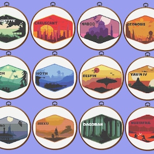 Korsstygnsmönster med Star Wars | Set med 12 korsstygnsmönster med Star Wars-planeter, direktnedladdning