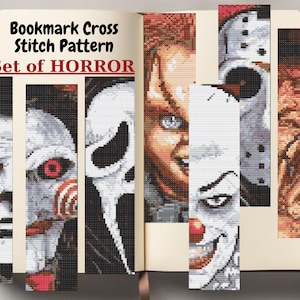Könnte beinhalten: Ein Set aus rechteckigen Kreuzstichmustern für Lesezeichen mit Horrorfilm-Charakteren. Der Text lautet Bookmark Cross Stitch Pattern Set of HORROR. Die Designs zeigen detaillierte, pixelige Porträts verschiedener ikonischer Figuren.