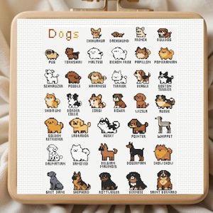 Può includere: Un telaio da ricamo quadrato in legno contenente un pannello in tessuto bianco con un motivo a punto croce in pixel art intitolato Dogs. Il design presenta file di varie razze canine, ciascuna etichettata con il nome in testo nero.