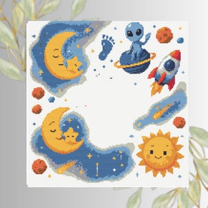 May include: A square, pixelated illustration featuring a space theme. The design includes a crescent moon with a sleeping star, an alien on a planet, a rocket, and a smiling sun. The color palette consists of blues, oranges, and yellows.