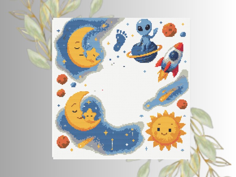 May include: A square, pixelated illustration featuring a space theme. The design includes a crescent moon with a sleeping star, an alien on a planet, a rocket, and a smiling sun. The color palette consists of blues, oranges, and yellows.