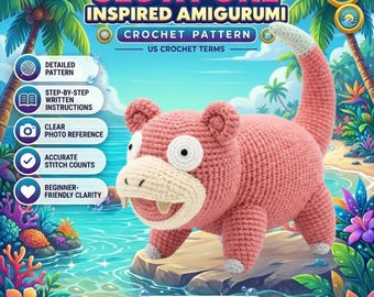 Slowpoke Pokemon Crochet Pattern PDF | Slowpoke Amigurumi Pattern | Cute Pink Pokemon Plush Toy | Digital Download | US Crochet Terms