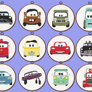 May include: Twelve cross-stitch designs of cartoon cars in different colours and styles. Each design is set within a round embroidery hoop, showcasing a variety of car characters. The designs include a black car, a brown car, a green car, and a blue car.