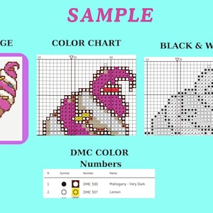 May include: A cross-stitch pattern featuring a colorful ice cream cone with a pink swirl, white and yellow sprinkles, and a brown cone. The image includes a color chart, a black and white version, and DMC color numbers.